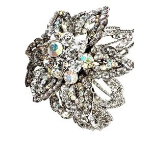 Vtg Rhinestone Barrette Aurora‎ Borealis Hair Paris Clip Floral Crystal Filigree